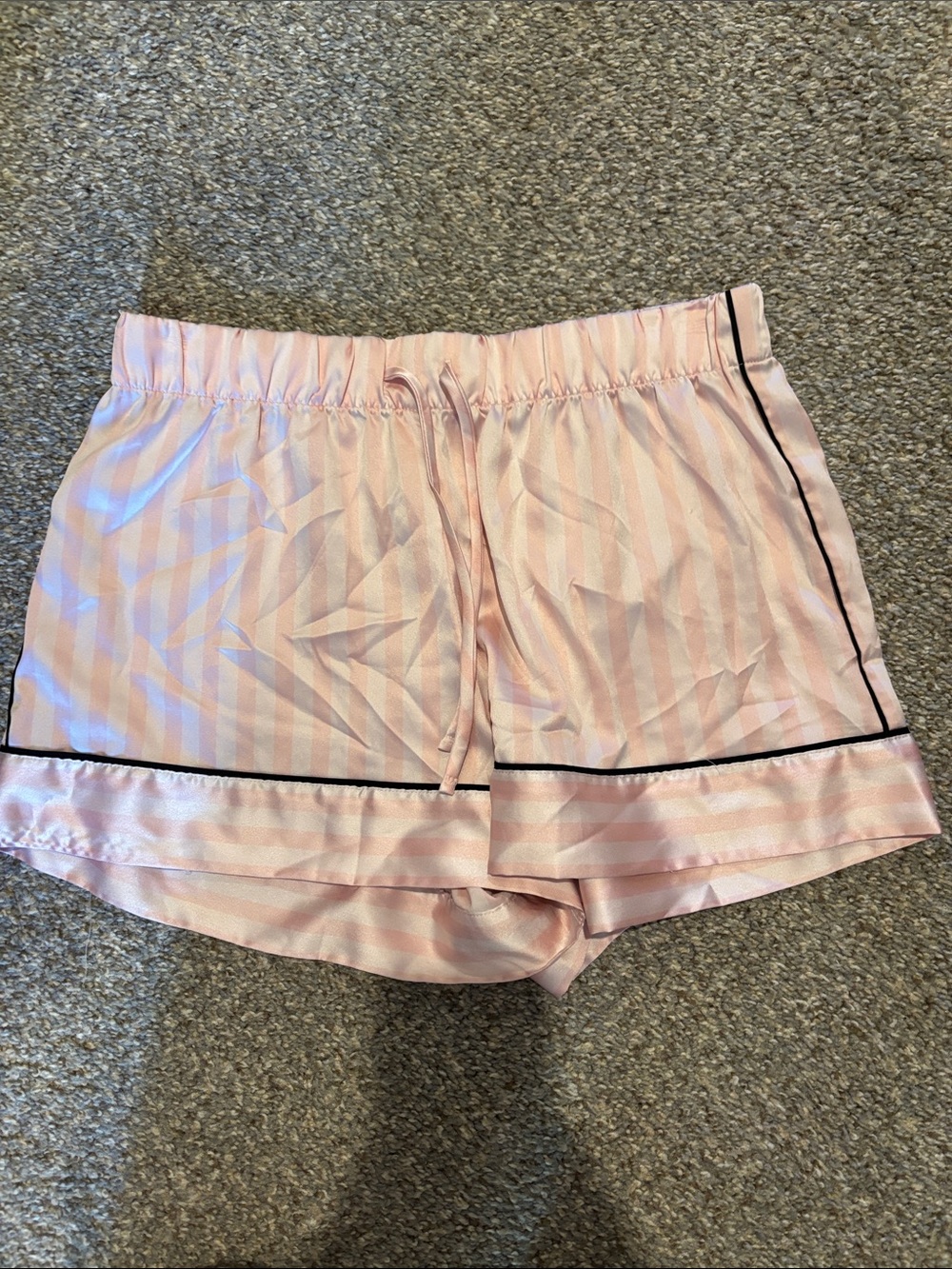 Victoria's Secret Pink Striped Satin Lounge Shorts with Black Trim